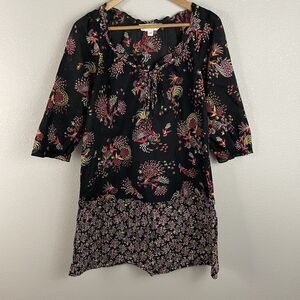 Lilka Womens M Floral Bird Print 100% Cotton Lightweight 3/4 Sleeve Tie Neck